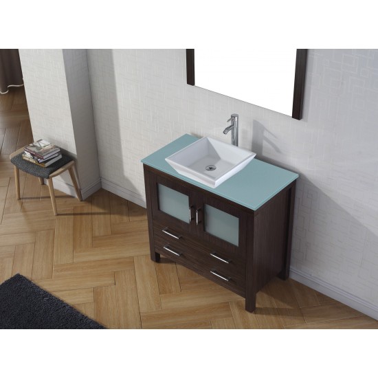 Dior 36" Single Bath Vanity in Espresso with Green Glass Top and Square Sink and Matching Mirror