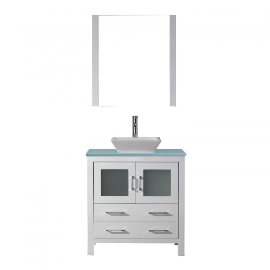 Dior 36" Single Bath Vanity in White with Green Glass Top and Square Sink and Matching Mirror