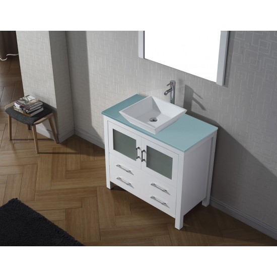 Dior 36" Single Bath Vanity in White with Green Glass Top and Square Sink and Matching Mirror