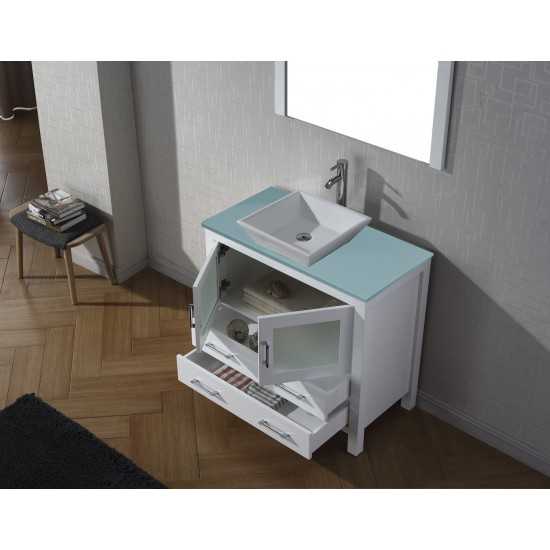 Dior 36" Single Bath Vanity in White with Green Glass Top and Square Sink and Matching Mirror