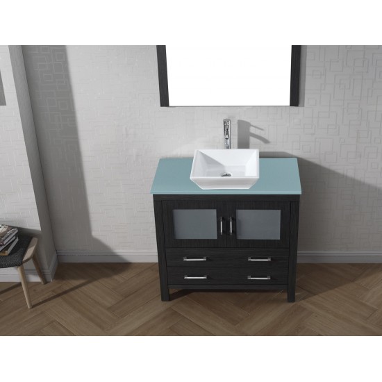 Dior 36" Single Bath Vanity in Zebra Gray with Green Glass Top and Square Sink and Matching Mirror