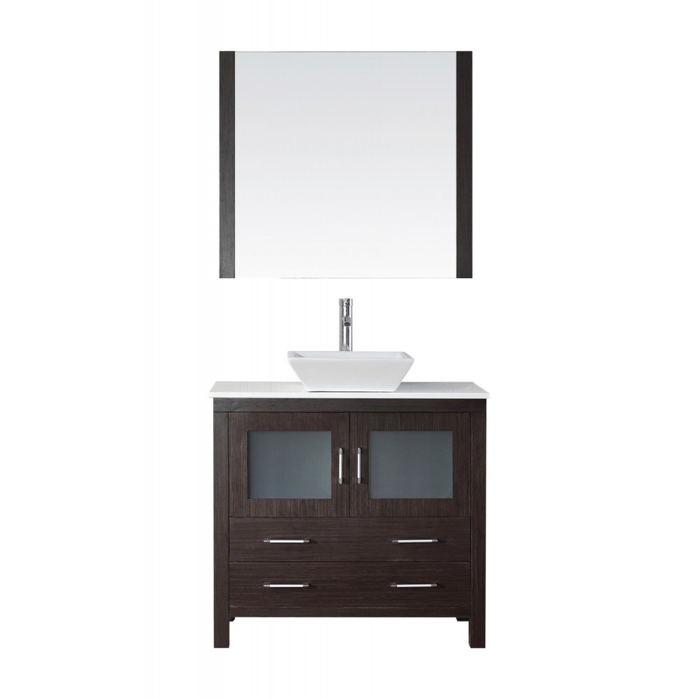 Dior 36" Single Bath Vanity in Espresso with White Engineered Stone Top and Square Sink with Brushed Nickel Faucet and Mirror