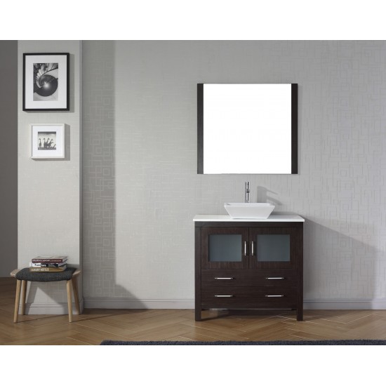 Dior 36" Single Bath Vanity in Espresso with White Engineered Stone Top and Square Sink with Brushed Nickel Faucet and Mirror