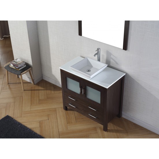 Dior 36" Single Bath Vanity in Espresso with White Engineered Stone Top and Square Sink with Brushed Nickel Faucet and Mirror