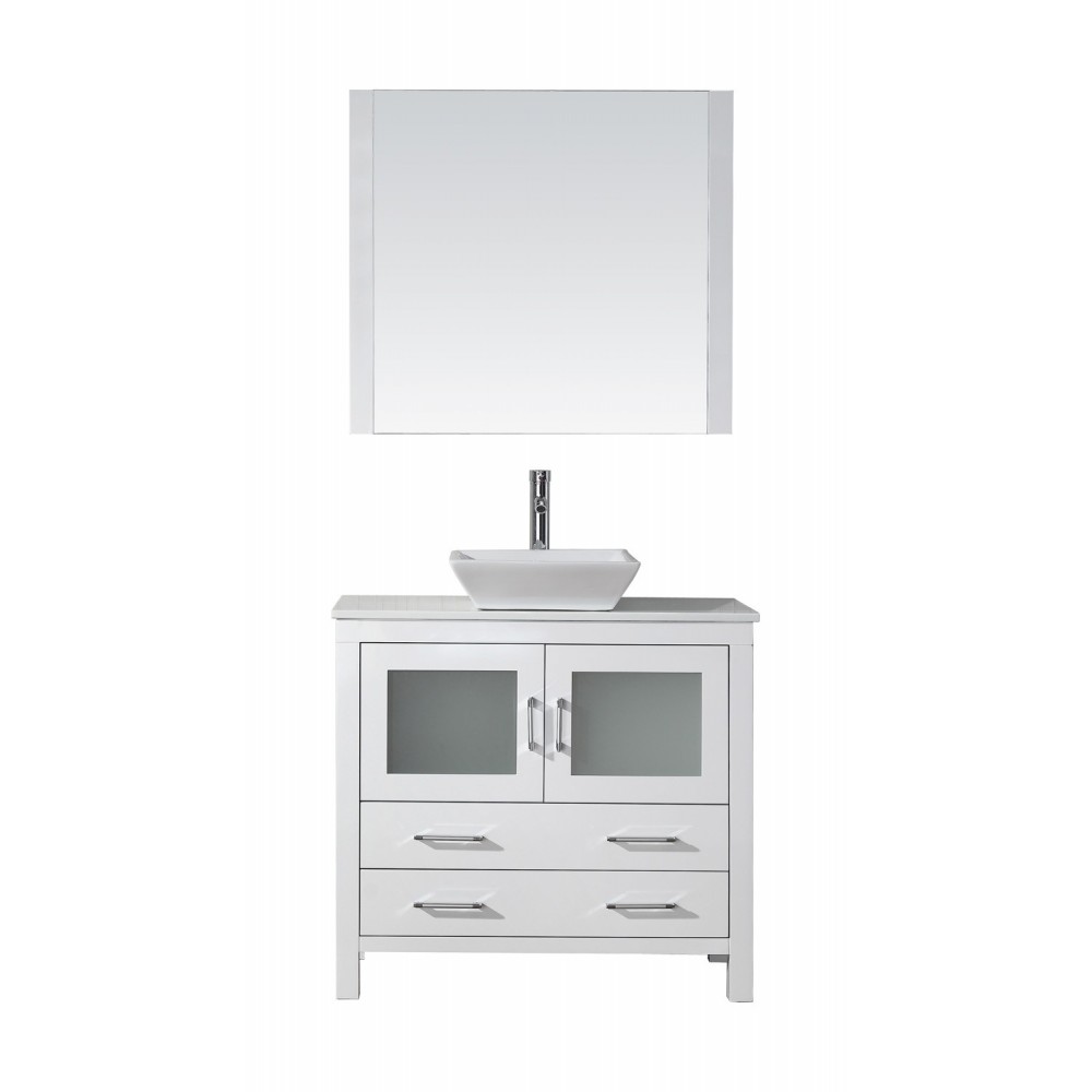 Dior 36" Single Bath Vanity in White with White Engineered Stone Top and Square Sink and Matching Mirror