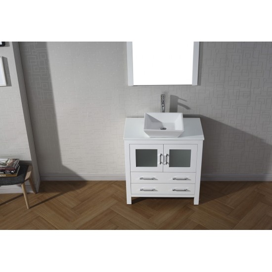 Dior 36" Single Bath Vanity in White with White Engineered Stone Top and Square Sink and Matching Mirror