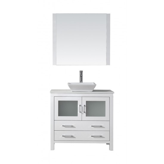 Dior 36" Single Bath Vanity in White with White Engineered Stone Top and Square Sink with Brushed Nickel Faucet and Mirror