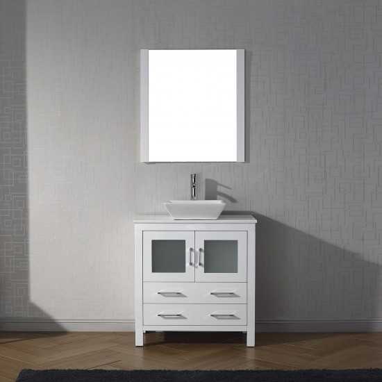 Dior 36" Single Bath Vanity in White with White Engineered Stone Top and Square Sink with Brushed Nickel Faucet and Mirror