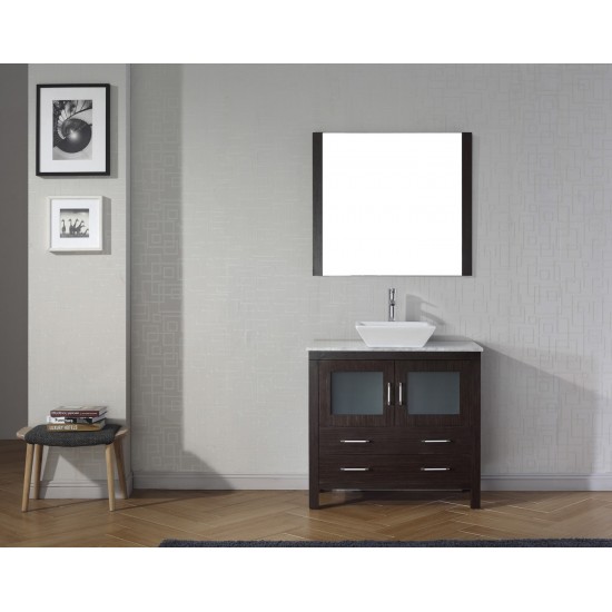 Dior 36" Single Bath Vanity in Espresso with White Marble Top and Square Sink with Brushed Nickel Faucet and Matching Mirror