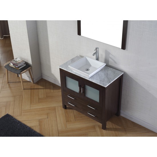 Dior 36" Single Bath Vanity in Espresso with White Marble Top and Square Sink with Brushed Nickel Faucet and Matching Mirror