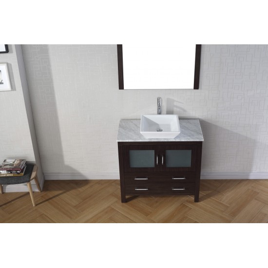 Dior 36" Single Bath Vanity in Espresso with White Marble Top and Square Sink with Brushed Nickel Faucet and Matching Mirror