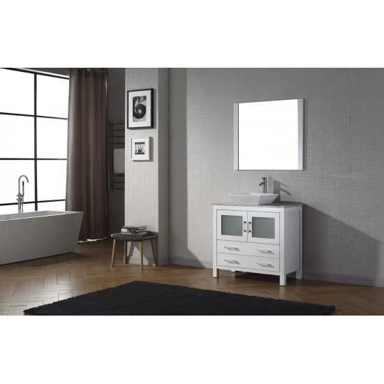 Dior 36" Single Bath Vanity in White with White Marble Top and Square Sink with Brushed Nickel Faucet and Matching Mirror