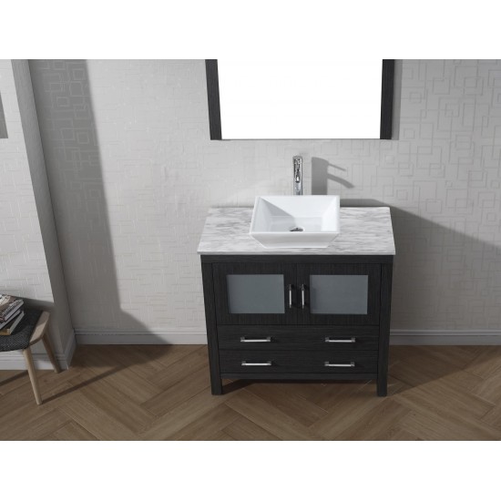 Dior 36" Single Bath Vanity in Zebra Gray with White Marble Top and Square Sink and Matching Mirror