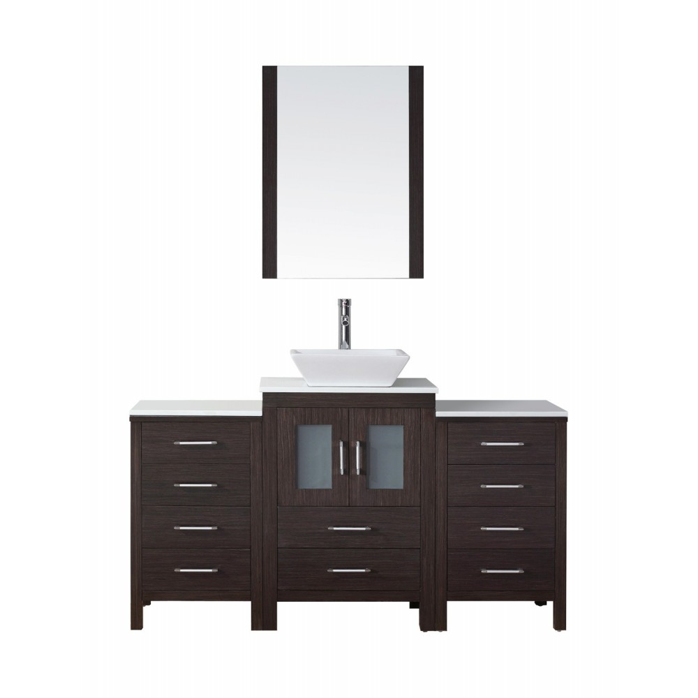 Dior 60" Single Bath Vanity in Espresso with White Engineered Stone Top and Square Sink with Brushed Nickel Faucet and Mirror