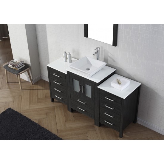 Dior 60" Single Bath Vanity in Zebra Gray with White Engineered Stone Top and Square Sink with Brushed Nickel Faucet and Mirr