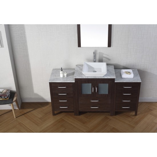 Dior 60" Single Bath Vanity in Espresso with White Marble Top and Square Sink with Brushed Nickel Faucet and Matching Mirror