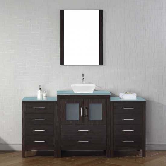 Dior 64" Single Bath Vanity in Espresso with Green Glass Top and Square Sink and Matching Mirror