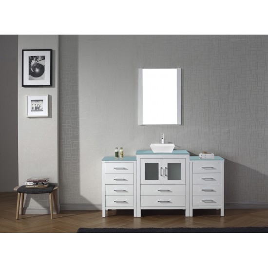 Dior 64" Single Bath Vanity in White with Green Glass Top and Square Sink and Matching Mirror