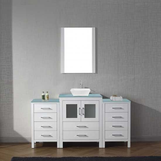 Dior 64" Single Bath Vanity in White with Green Glass Top and Square Sink with Brushed Nickel Faucet and Matching Mirror