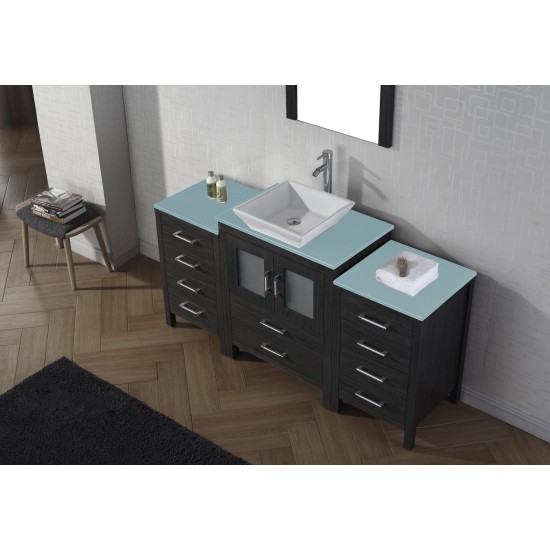 Dior 64" Single Bath Vanity in Zebra Gray with Green Glass Top and Square Sink with Brushed Nickel Faucet and Matching Mirror