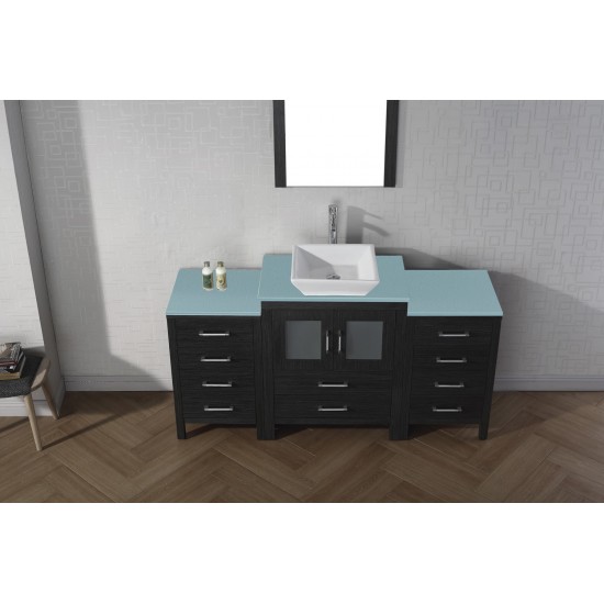 Dior 64" Single Bath Vanity in Zebra Gray with Green Glass Top and Square Sink with Brushed Nickel Faucet and Matching Mirror