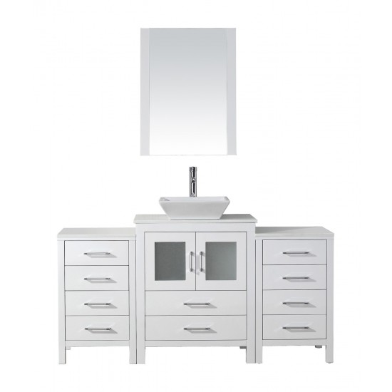 Dior 64" Single Bath Vanity in White with White Engineered Stone Top and Square Sink and Matching Mirror