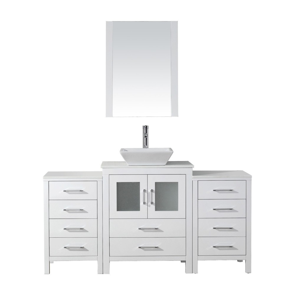 Dior 64" Single Bath Vanity in White with White Engineered Stone Top and Square Sink with Brushed Nickel Faucet and Mirror