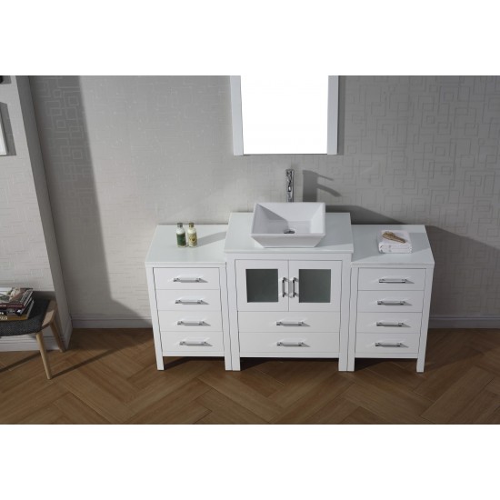 Dior 64" Single Bath Vanity in White with White Engineered Stone Top and Square Sink with Brushed Nickel Faucet and Mirror