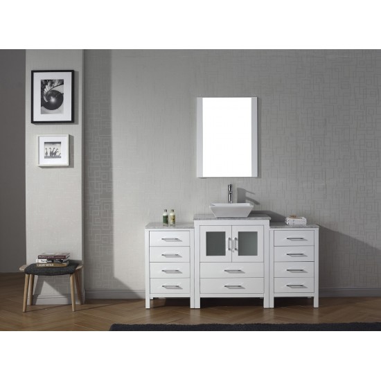 Dior 64" Single Bath Vanity in White with White Marble Top and Square Sink with Brushed Nickel Faucet and Matching Mirror