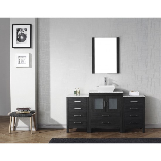 Dior 64" Single Bath Vanity in Zebra Gray with White Marble Top and Square Sink with Brushed Nickel Faucet and Matching Mirro