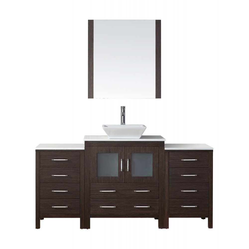 Dior 66" Single Bath Vanity in Espresso with White Engineered Stone Top and Square Sink and Matching Mirror