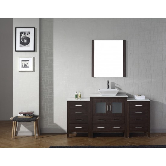 Dior 66" Single Bath Vanity in Espresso with White Engineered Stone Top and Square Sink and Matching Mirror