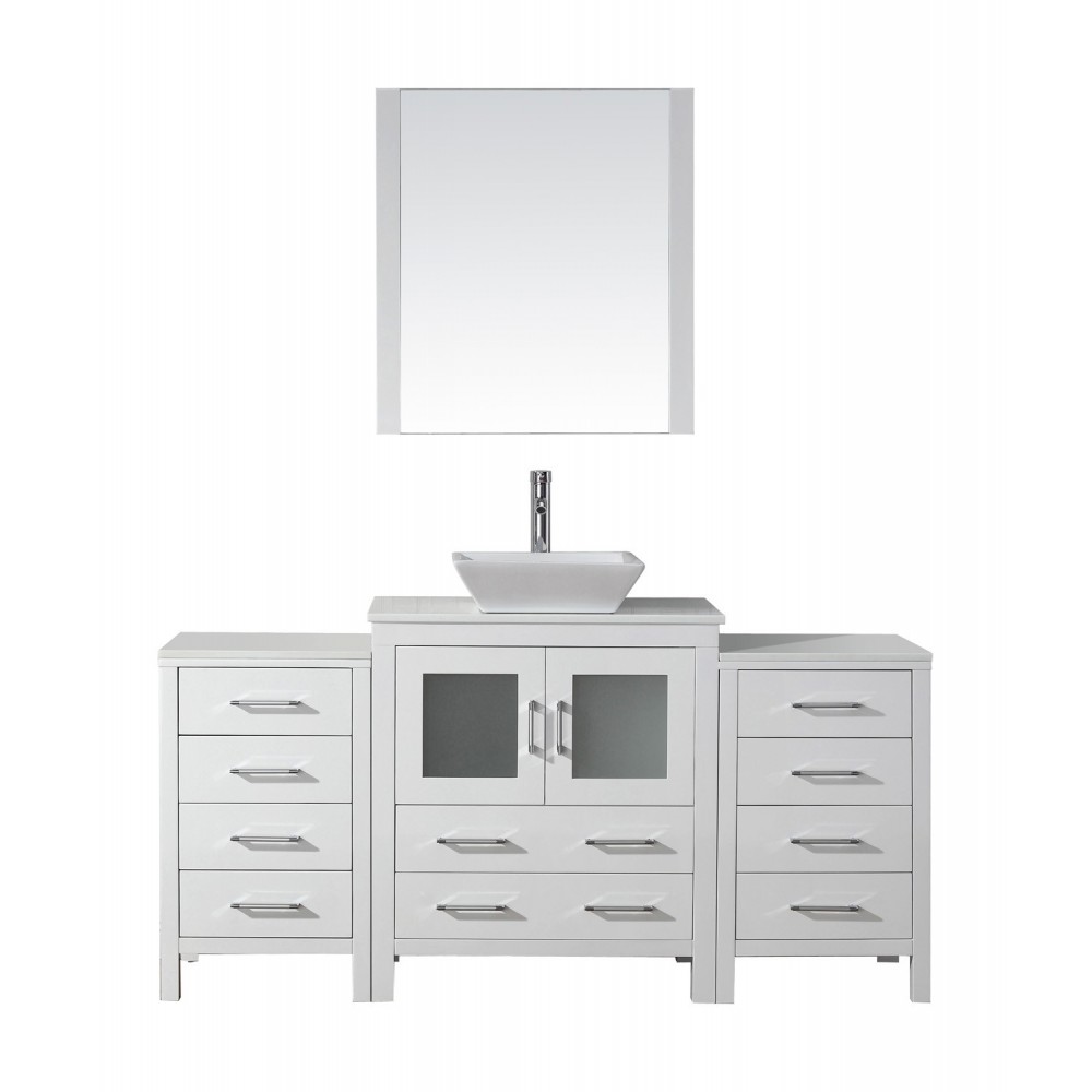 Dior 66" Single Bath Vanity in White with White Engineered Stone Top and Square Sink and Matching Mirror