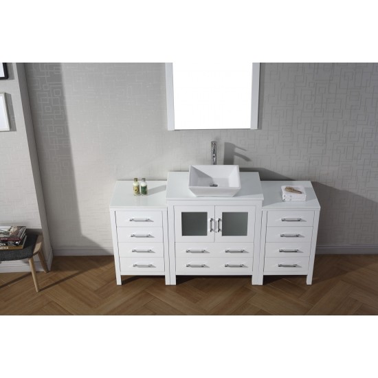 Dior 66" Single Bath Vanity in White with White Engineered Stone Top and Square Sink and Matching Mirror