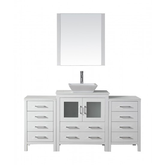 Dior 66" Single Bath Vanity in White with White Engineered Stone Top and Square Sink with Brushed Nickel Faucet and Mirror