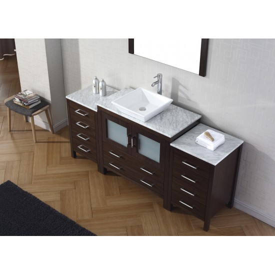 Dior 66" Single Bath Vanity in Espresso with White Marble Top and Square Sink with Brushed Nickel Faucet and Matching Mirror