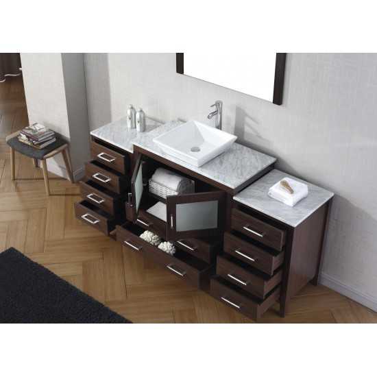 Dior 66" Single Bath Vanity in Espresso with White Marble Top and Square Sink with Brushed Nickel Faucet and Matching Mirror