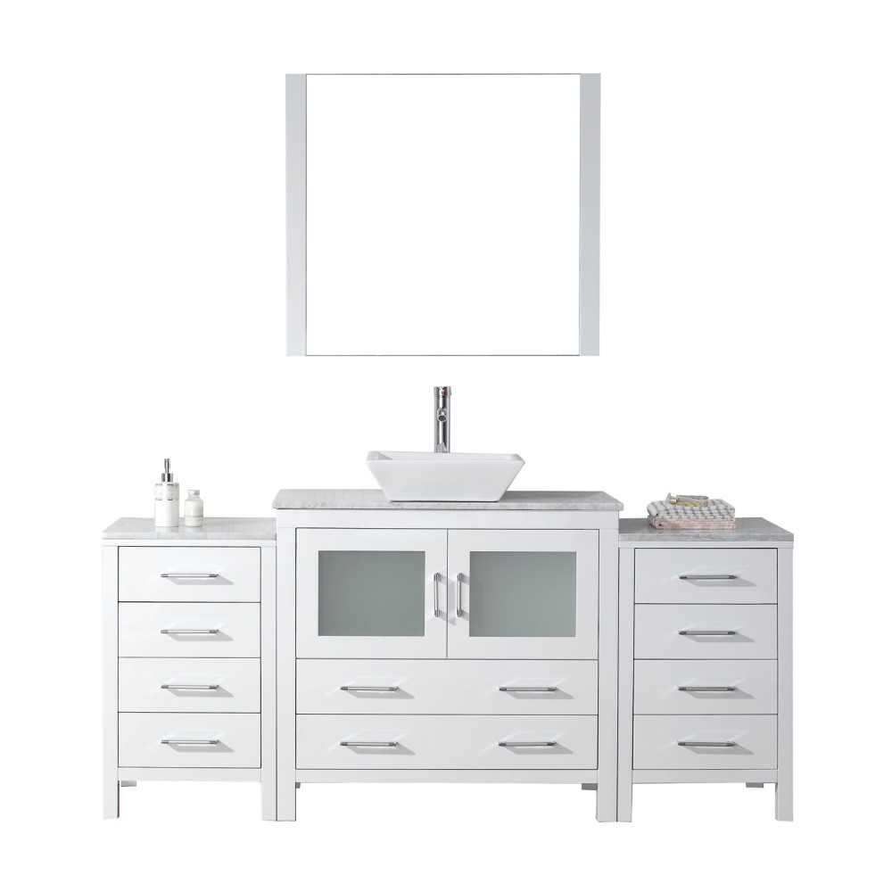 Dior 66" Single Bath Vanity in White with White Marble Top and Square Sink with Brushed Nickel Faucet and Matching Mirror