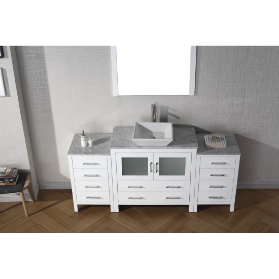 Dior 66" Single Bath Vanity in White with White Marble Top and Square Sink with Brushed Nickel Faucet and Matching Mirror