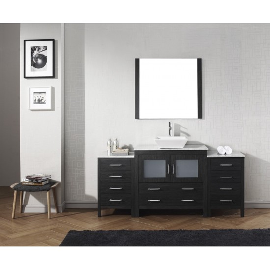 Dior 66" Single Bath Vanity in Zebra Gray with White Marble Top and Square Sink with Brushed Nickel Faucet and Matching Mirro