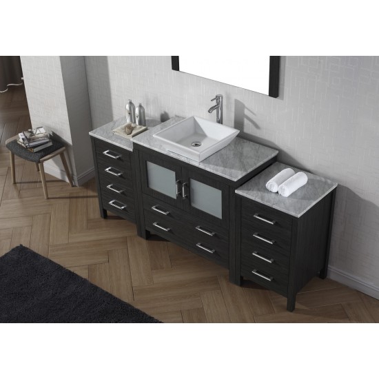 Dior 66" Single Bath Vanity in Zebra Gray with White Marble Top and Square Sink with Brushed Nickel Faucet and Matching Mirro