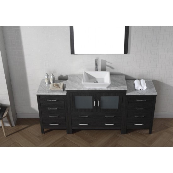 Dior 66" Single Bath Vanity in Zebra Gray with White Marble Top and Square Sink with Brushed Nickel Faucet and Matching Mirro