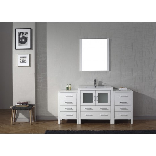 Dior 68" Single Bath Vanity in White and Square Sink with Brushed Nickel Faucet and Matching Mirror