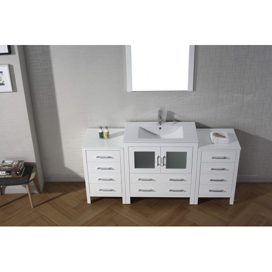 Dior 68" Single Bath Vanity in White and Square Sink with Brushed Nickel Faucet and Matching Mirror