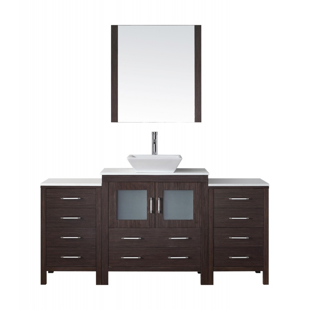 Dior 68" Single Bath Vanity in Espresso with White Engineered Stone Top and Square Sink and Matching Mirror