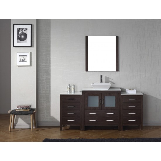Dior 68" Single Bath Vanity in Espresso with White Engineered Stone Top and Square Sink and Matching Mirror