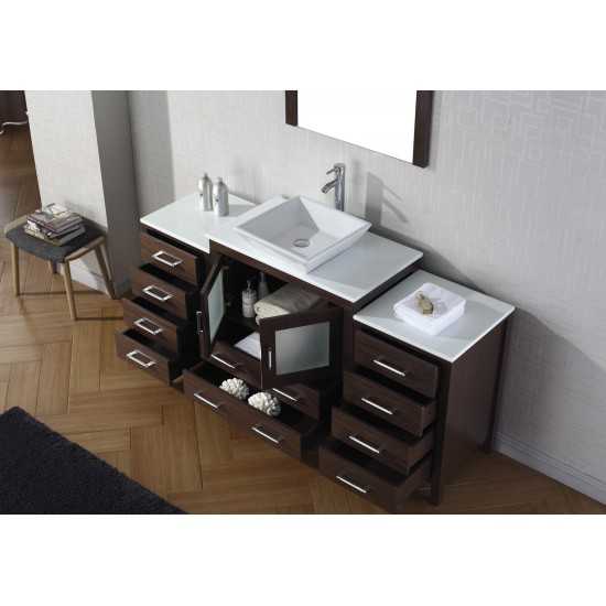 Dior 68" Single Bath Vanity in Espresso with White Engineered Stone Top and Square Sink and Matching Mirror