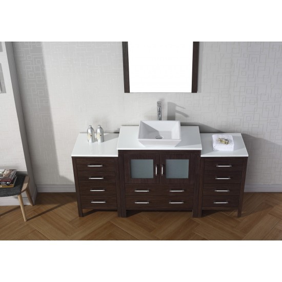 Dior 68" Single Bath Vanity in Espresso with White Engineered Stone Top and Square Sink and Matching Mirror