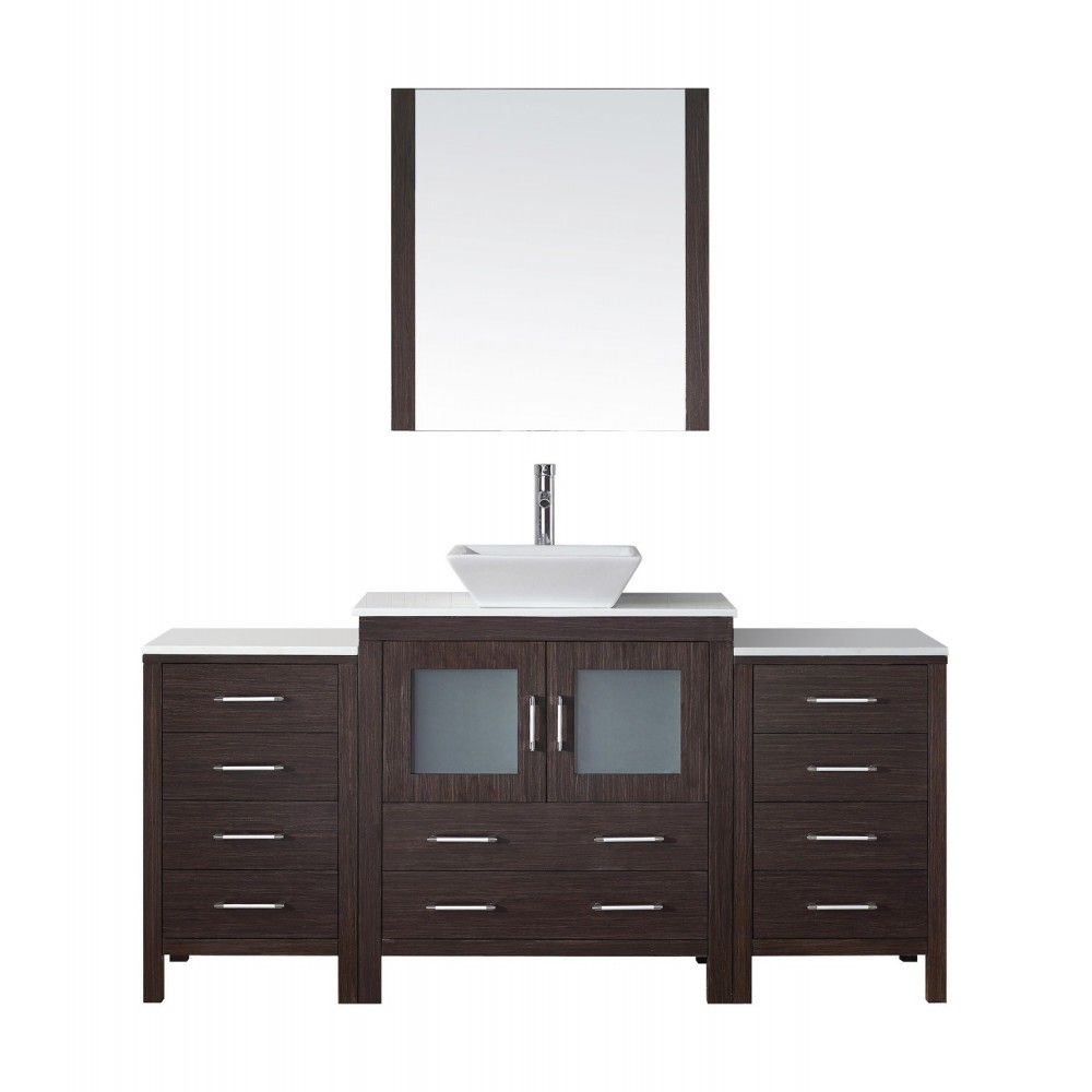 Dior 68" Single Bath Vanity in Espresso with White Engineered Stone Top and Square Sink with Brushed Nickel Faucet and Mirror