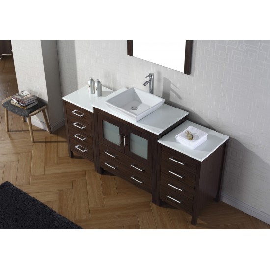 Dior 68" Single Bath Vanity in Espresso with White Engineered Stone Top and Square Sink with Brushed Nickel Faucet and Mirror